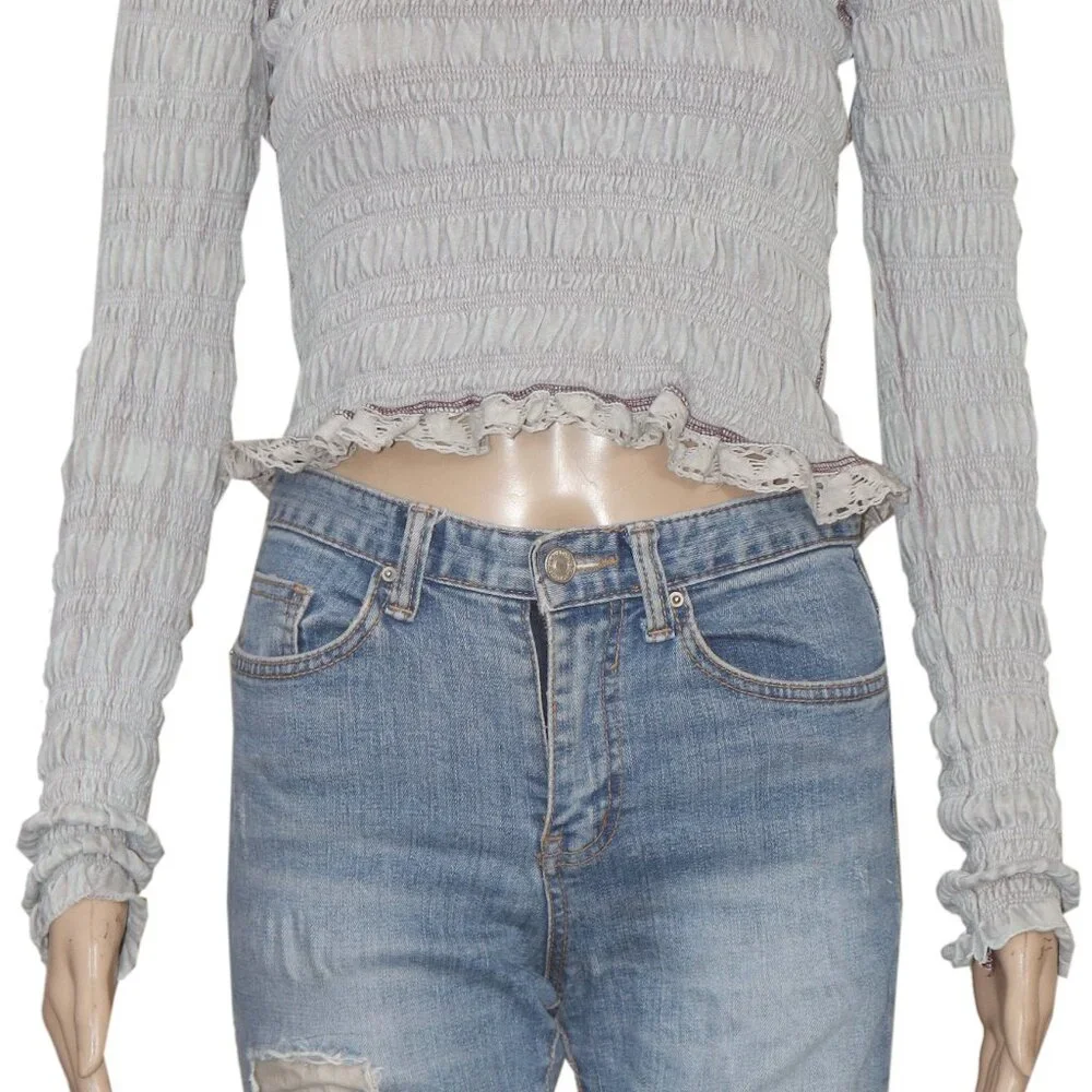 Free People Fp One Meriel Smocked Top Ruched Lace Fitted Sleeve XS